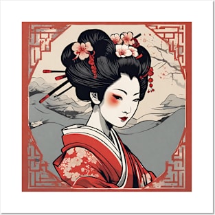 japanese style art geisha kimono portrait Posters and Art